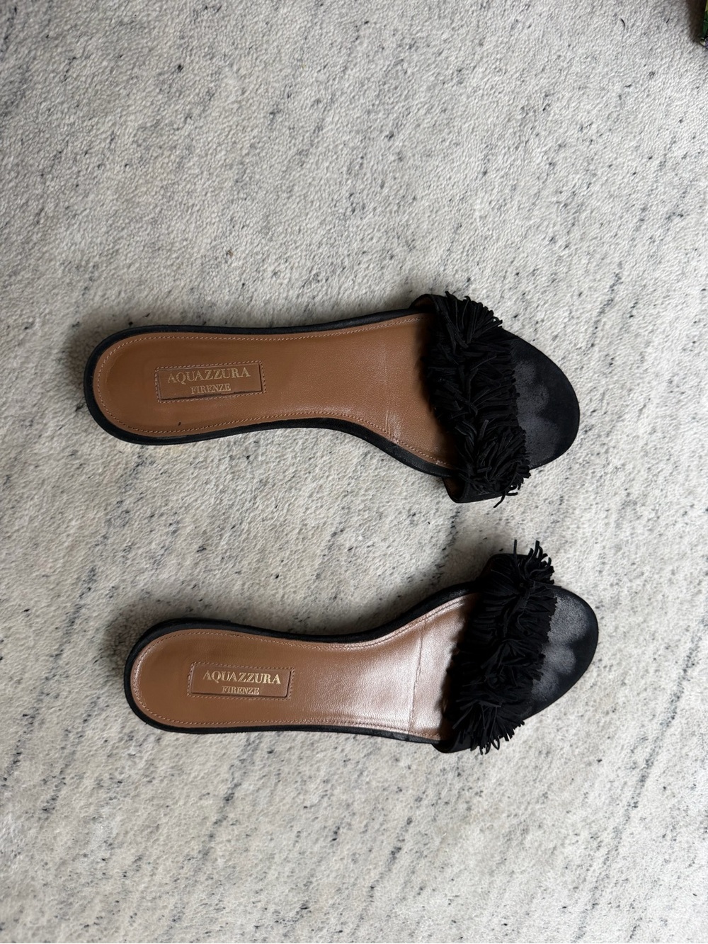 Aquazzura Black Fringe Leather Slide Mules